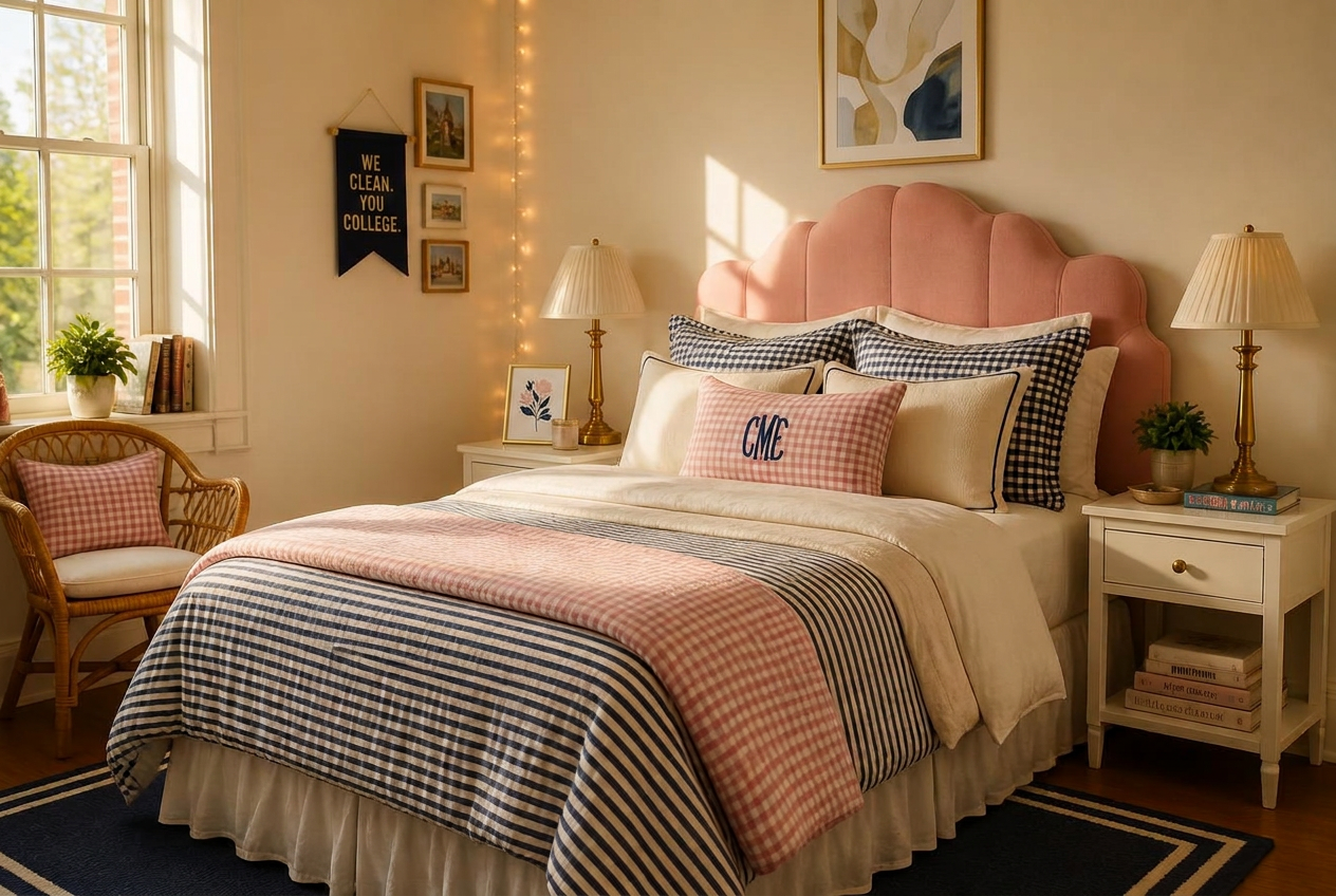 Preppy dorm room with a scalloped headboard, warm lamp light and a freshly made bed